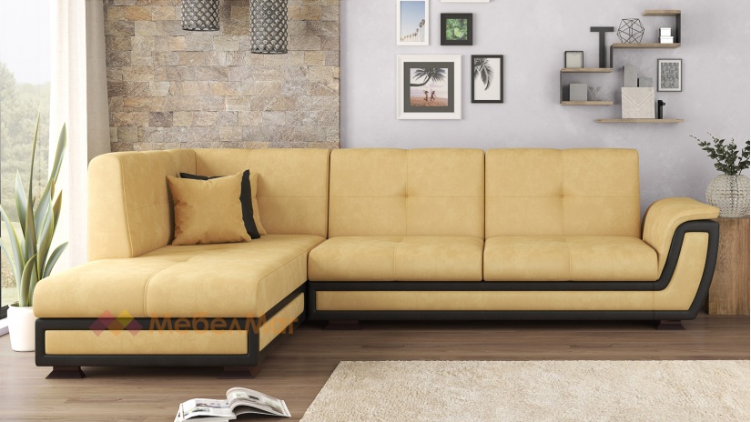 Ъглов диван Далас с посока горчица с черна кожа - изглед 1