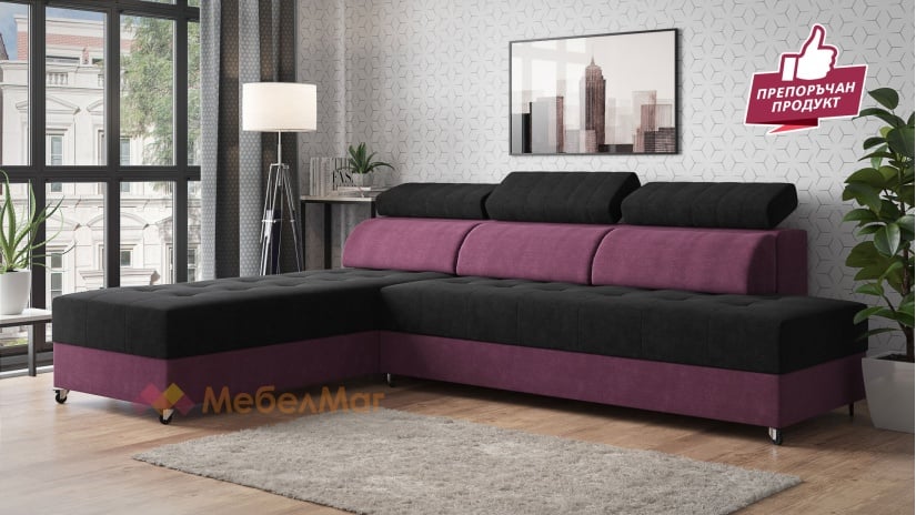 Ъглов диван Елеганс универсален черно с лилаво - изглед 1
