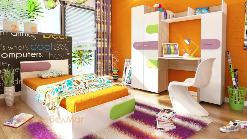 Детски спален комплект Скай с включен матрак Бонел 82/190 дъб сонома с бяло, зелен пастел и светъл виолет - изглед 1