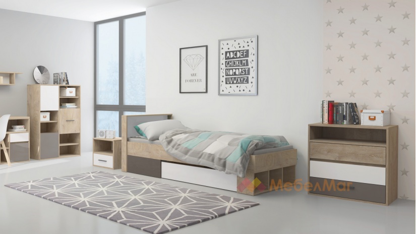 Легло с чекмеджета Мито с включен матрак Бонел 90/200 дъб суров с бяло и кобалтово сиво - изглед 4
