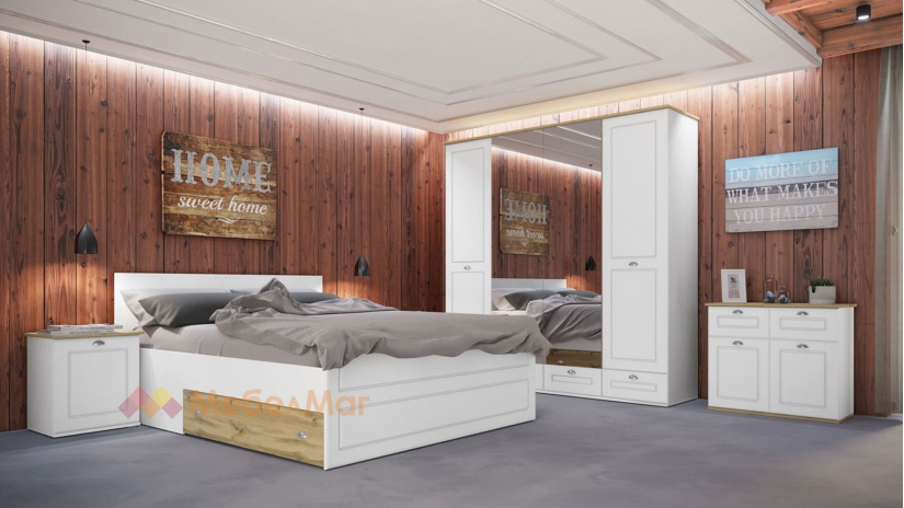 Спалня с нощни шкафчета 160/200 Ландскейп с включен матрак Бонел 160/200 бяло гладко с бяло фладер и дъб дакота - изглед 3
