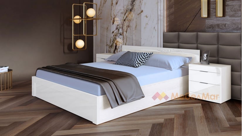 Спалня с нощни шкафчета 160/200 Естер с включен матрак Бонел 160/200 бяло фладер с бяло гланц - изглед 1