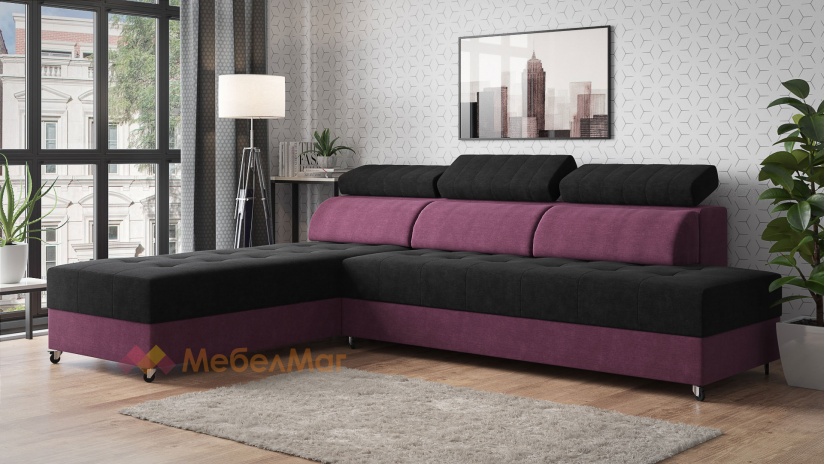 Ъглов диван Елеганс Покет универсален черно с лилаво - изглед 1