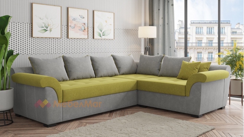 Ъглов диван Памела XL с посока зелен със сиво - изглед 1