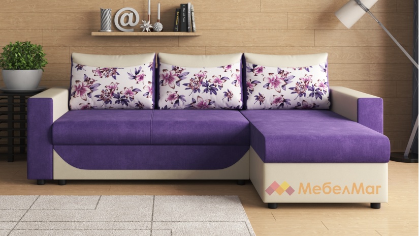 Ъглов диван Тея универсален лилав с бежова кожа - изглед 1