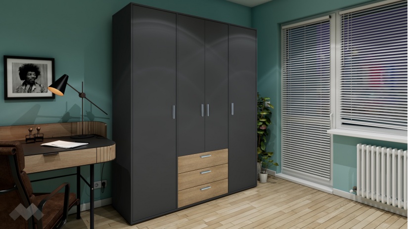 Гардероб Жизел четирикрилни антрацит с дъб сонома - изглед 1