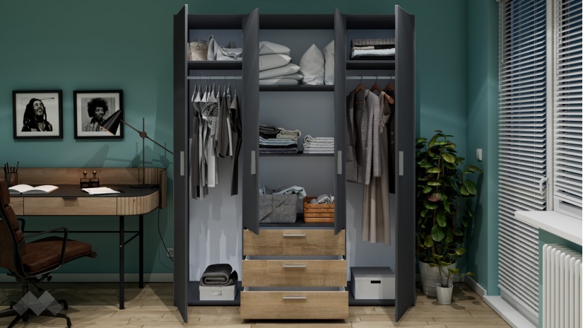 Гардероб Жизел четирикрилни антрацит с дъб сонома - изглед 2