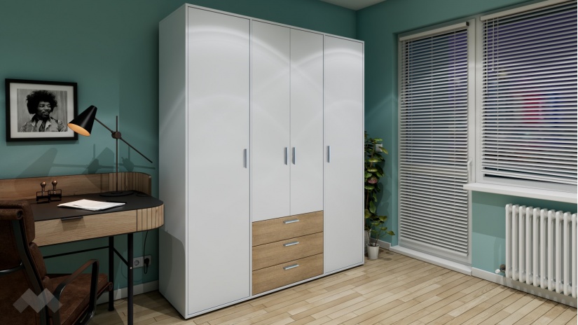 Гардероб Жизел четирикрилни бяло гладко с дъб сонома - изглед 1 - МебелМаг Гардероб Жизел четирикрилни бяло гладко с дъб сонома - изглед 1