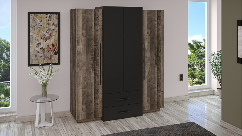 Гардероб Каляри четирикрилни колониален дъб с черно - изглед 1 - МебелМаг Гардероб Каляри четирикрилни колониален дъб с черно - изглед 1