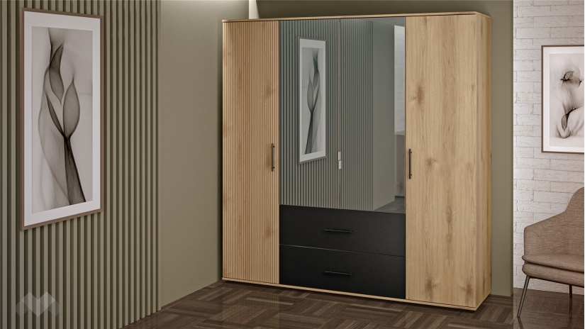 Гардероб Ламела четирикрилни дъб канела с дъб ламела и черно шагре - изглед 1