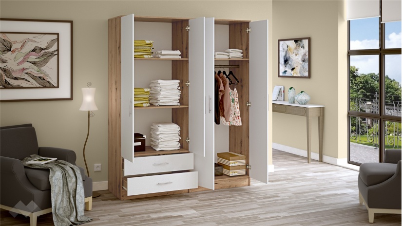 Гардероб Леонард четирикрилни артизан с бяло - изглед 2 - МебелМаг Гардероб Леонард четирикрилни артизан с бяло - изглед 2