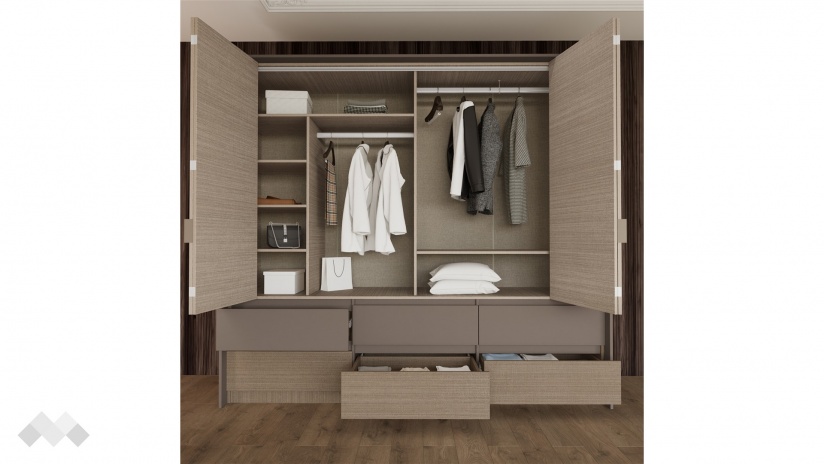 Гардероб Захир четирикрилни мока с лате - изглед 2 - МебелМаг Гардероб Захир четирикрилни мока с лате - изглед 2