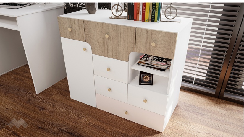 Детски спален комплект Роуз с включен матрак Бонел 90/200 бяло гладко, златно розово и сонома - изглед 7