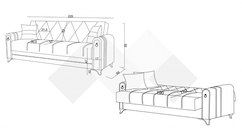 Диван Клара триместни бордо - изглед 4 - МебелМаг Диван Клара триместни бордо - изглед 4