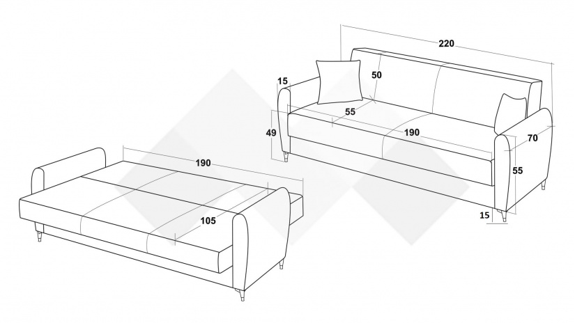 Диван Радана триместни бордо - изглед 5