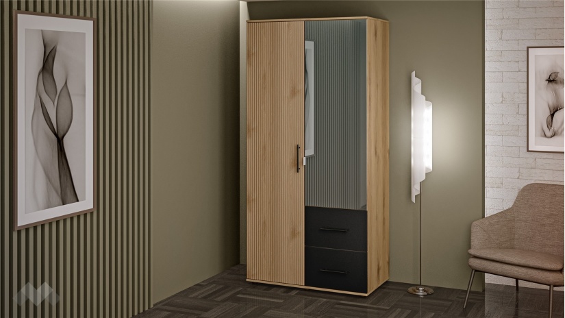 Гардероб Ламела двукрилни дъб канела с дъб ламела и черно шагре - изглед 1