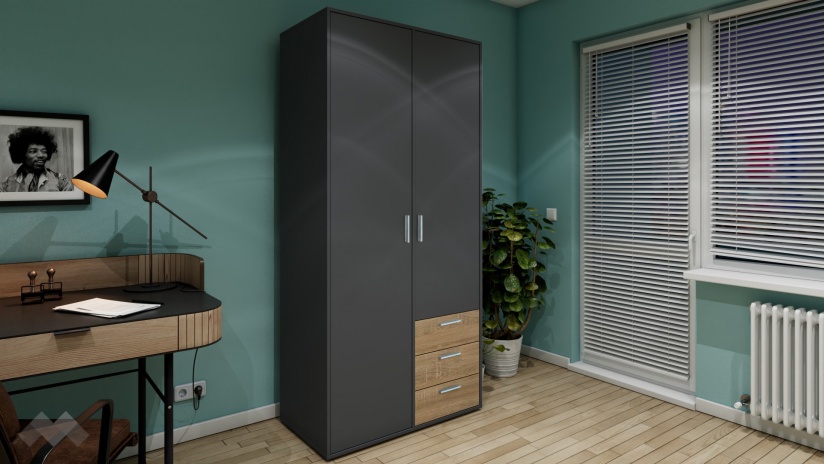 Гардероб Жизел двукрилни антрацит с дъб сонома - изглед 1 - МебелМаг Гардероб Жизел двукрилни антрацит с дъб сонома - изглед 1
