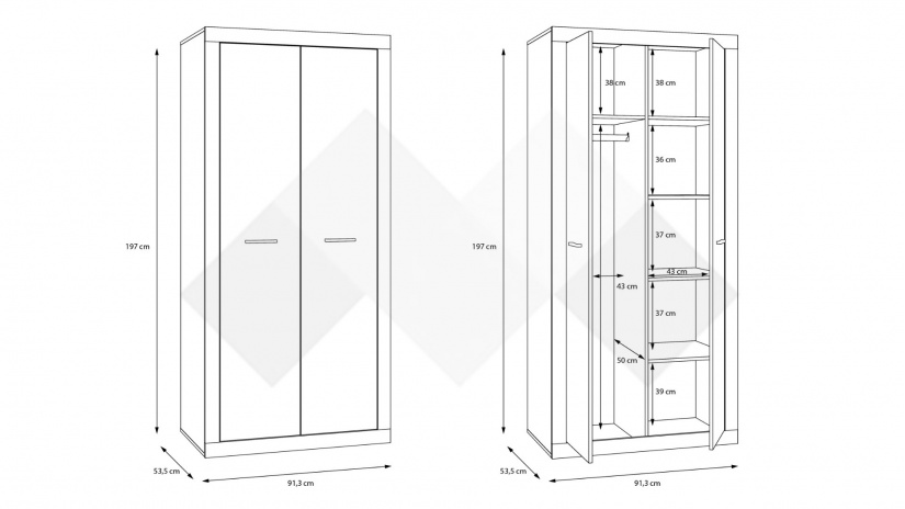 Гардероб Требия двукрилни сив с бял гланц - изглед 6