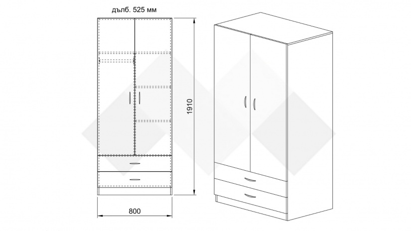 Гардероб Джеймс двукрилни мока с лате - изглед 6