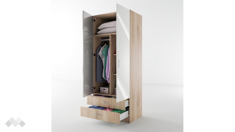 Гардероб Джеймс двукрилни сонома арвен с бял гланц - изглед 3 - МебелМаг Гардероб Джеймс двукрилни сонома арвен с бял гланц - изглед 3