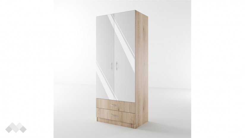 Гардероб Джеймс двукрилни сонома арвен с бял гланц - изглед 1 - МебелМаг Гардероб Джеймс двукрилни сонома арвен с бял гланц - изглед 1