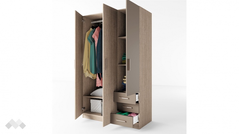 Гардероб Калия трикрилни мока с лате - изглед 2 - МебелМаг Гардероб Калия трикрилни мока с лате - изглед 2