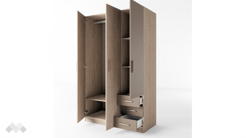 Гардероб Калия трикрилни мока с лате - изглед 3 - МебелМаг Гардероб Калия трикрилни мока с лате - изглед 3