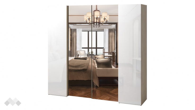 Гардероб Лорис с плъзгащи врати дъб кремона с бял гланц - изглед 1 - МебелМаг Гардероб Лорис с плъзгащи врати дъб кремона с бял гланц - изглед 1