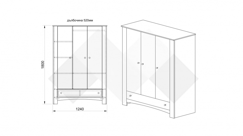 Гардероб Одеса трикрилни тъмна сонома - изглед 3 - МебелМаг Гардероб Одеса трикрилни тъмна сонома - изглед 3