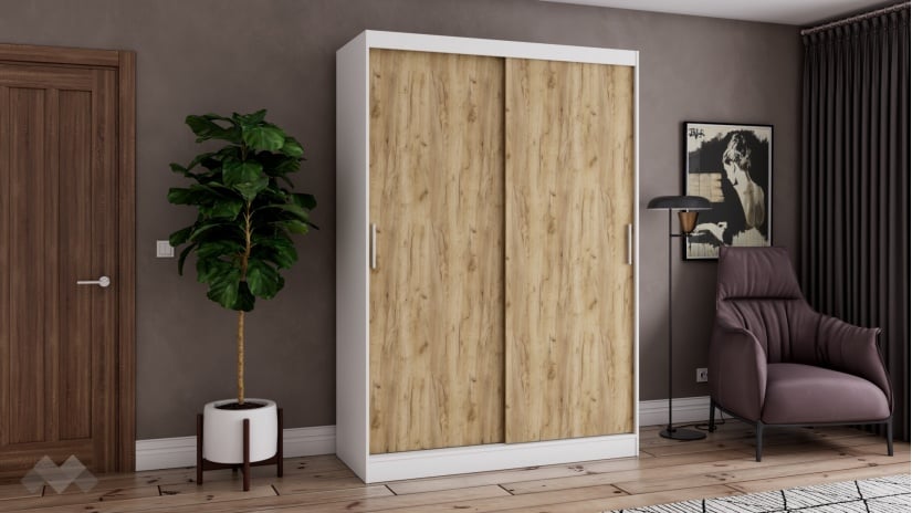 Гардероб Карлос с плъзгащи врати бял със златен дъб - изглед 1 - МебелМаг Гардероб Карлос с плъзгащи врати бял със златен дъб - изглед 1