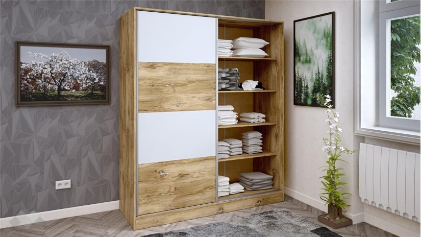 Гардероб Селтик с плъзгащи врати келтски дъб със светло сиво - изглед 2 - МебелМаг Гардероб Селтик с плъзгащи врати келтски дъб със светло сиво - изглед 2