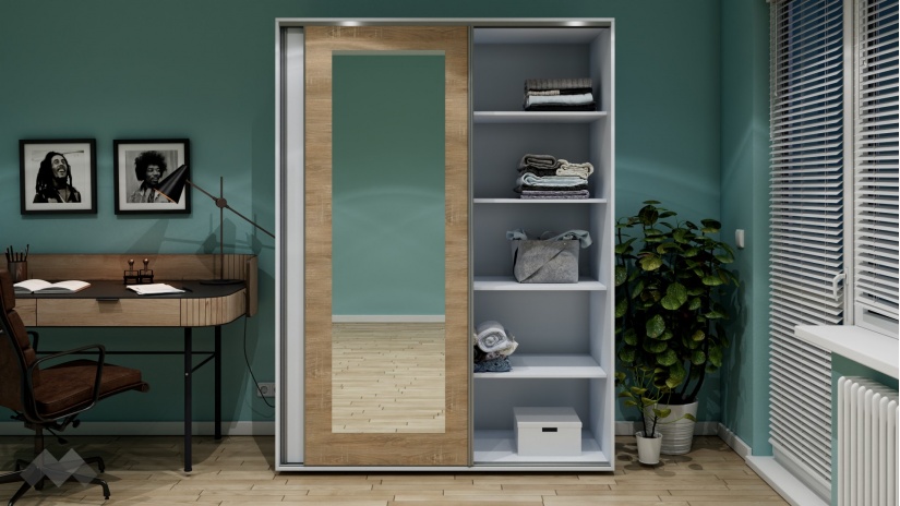 Гардероб Жизел с плъзгащи врати бяло гладко с дъб сонома - изглед 2