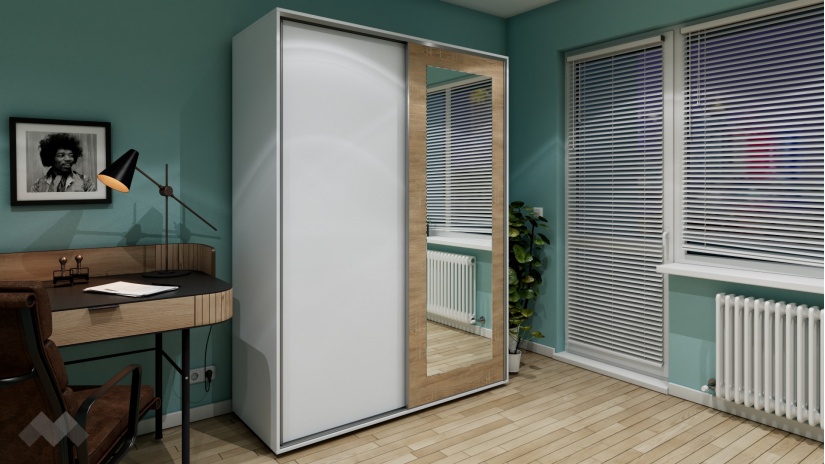 Гардероб Жизел с плъзгащи врати бяло гладко с дъб сонома - изглед 1