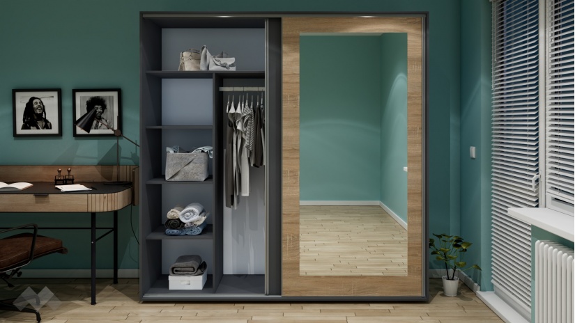 Гардероб Жизел с плъзгащи врати антрацит с дъб сонома - изглед 3