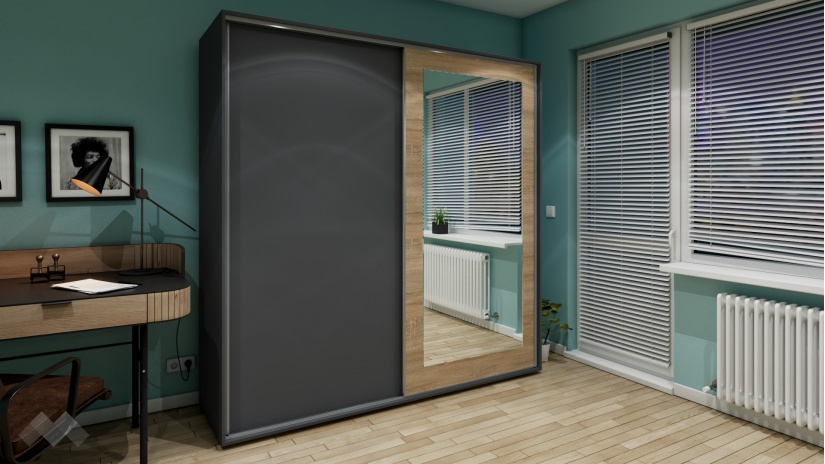 Гардероб Жизел с плъзгащи врати антрацит с дъб сонома - изглед 1