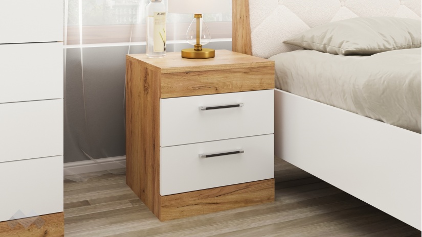 Нощен шкаф Моник златен дъб с бяло - изглед 1 - МебелМаг Нощен шкаф Моник златен дъб с бяло - изглед 1