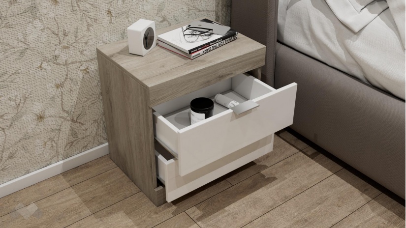 Нощен шкаф Пит сонома арвен с бял гланц - изглед 2 - МебелМаг Нощен шкаф Пит сонома арвен с бял гланц - изглед 2