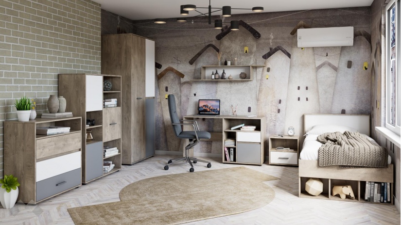 Нощен шкаф Мито дъб суров с бяло - изглед 3