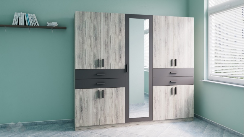 Гардероб Рос петкрилни малта с антрацит - изглед 1 - МебелМаг Гардероб Рос петкрилни малта с антрацит - изглед 1