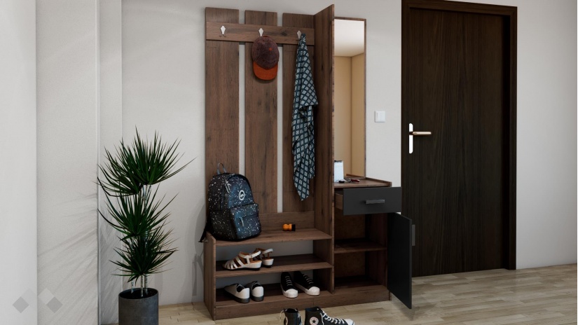 Портманто Хироу дъб вотан с черно шагре - изглед 2 - МебелМаг Портманто Хироу дъб вотан с черно шагре - изглед 2