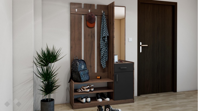 Портманто Хироу дъб вотан с черно шагре - изглед 1 - МебелМаг Портманто Хироу дъб вотан с черно шагре - изглед 1