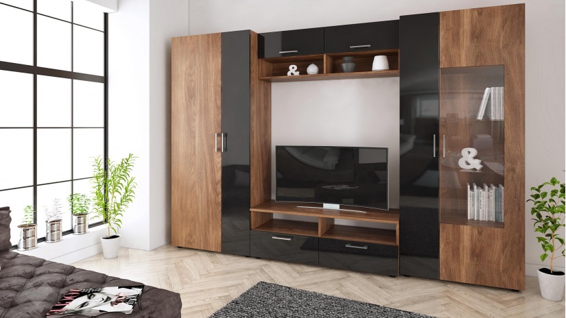 Секция Зоя с гардероб кастело коняк с черен гланц - изглед 1