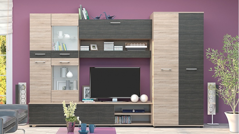 Секция Майли с LED осветление дъб сонома с дъб карбон - изглед 1 - МебелМаг Секция Майли с LED осветление дъб сонома с дъб карбон - изглед 1