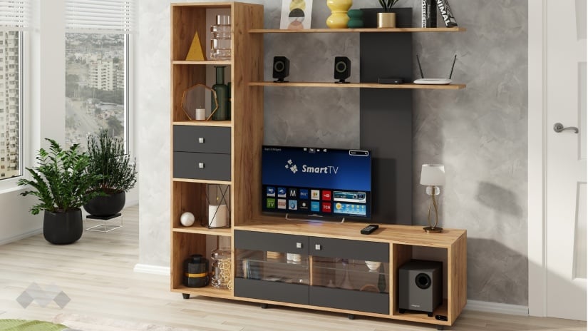 Секция Аверса с витрина златен дъб с антрацит - изглед 1 - МебелМаг Секция Аверса с витрина златен дъб с антрацит - изглед 1