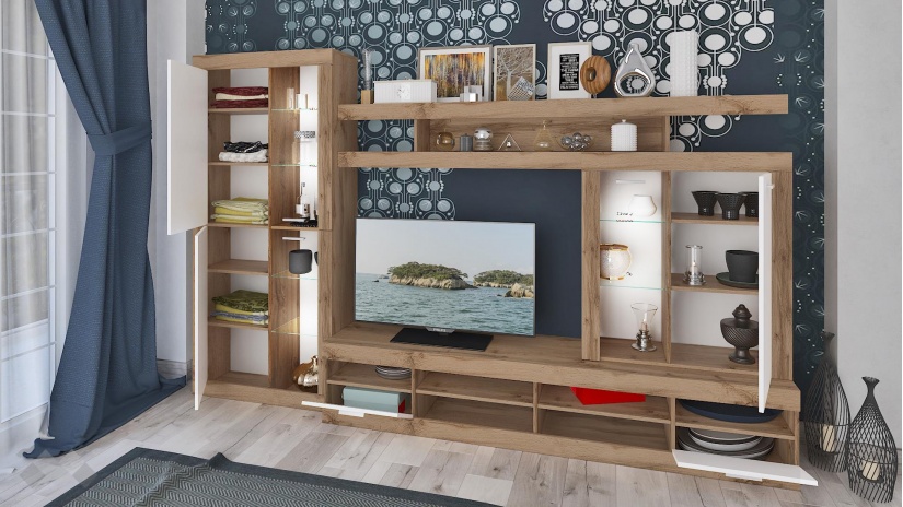 Секция Белвю с LED осветление бяло гладко с дъб дакота - изглед 2 - МебелМаг Секция Белвю с LED осветление бяло гладко с дъб дакота - изглед 2