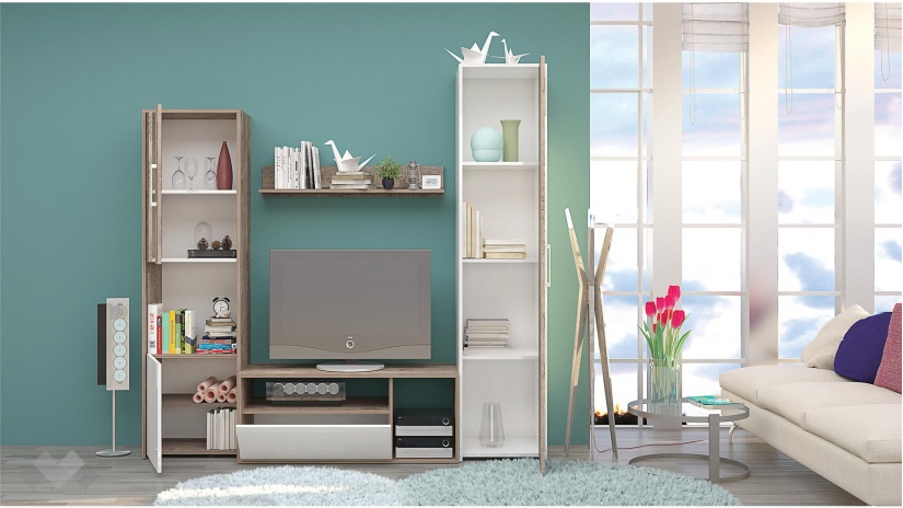 Секция Дерек с гардероб колониален дъб с бял гланц - изглед 2 - МебелМаг Секция Дерек с гардероб колониален дъб с бял гланц - изглед 2