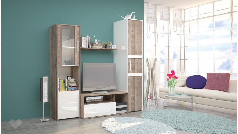 Секция Дерек с гардероб колониален дъб с бял гланц - изглед 1 - МебелМаг Секция Дерек с гардероб колониален дъб с бял гланц - изглед 1