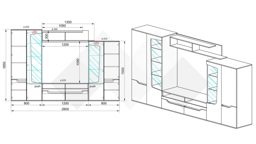 Секция Франческа с LED осветление бяло гланц с дъб дакота - изглед 3