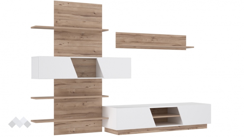 Секция Хулон с LED осветление дъб масина с бяло гланц - изглед 1 - МебелМаг Секция Хулон с LED осветление дъб масина с бяло гланц - изглед 1