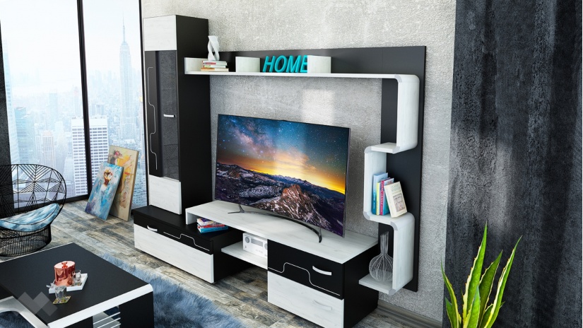 Секция Крафт с витрина черно шагре с дъб крафт бял - изглед 2 - МебелМаг Секция Крафт с витрина черно шагре с дъб крафт бял - изглед 2